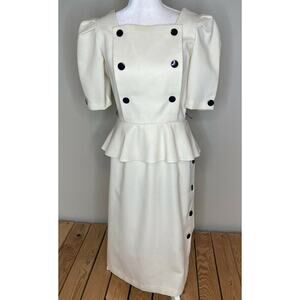 Vintage David Robin Puff Sleeve Peplum Midi Dress Size Medium Cream